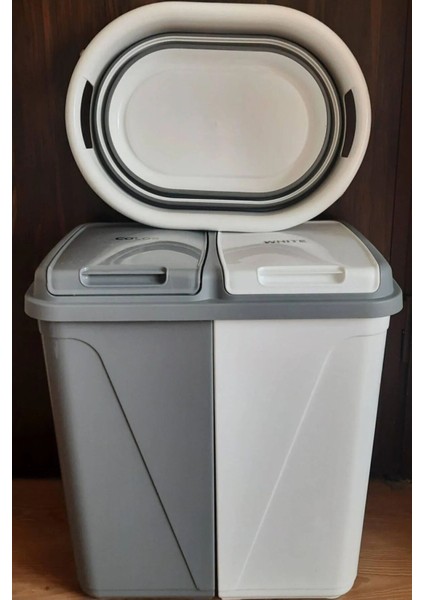 İki Bölmeli 90 Lt Çamaşır Sepeti Seti, Katlanabilir, Beyaz ve Gri Renkli fiyatları