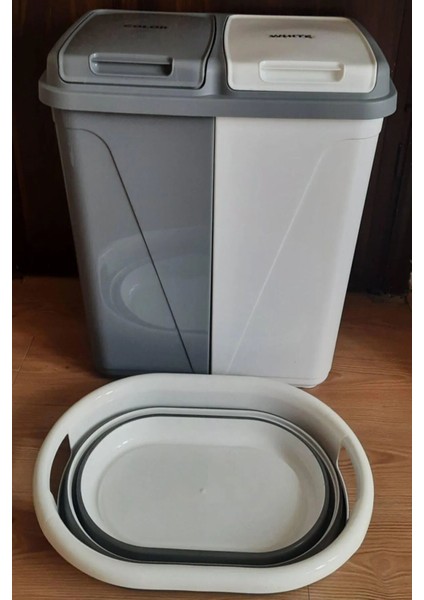 İki Bölmeli 90 Lt Çamaşır Sepeti Seti, Katlanabilir, Beyaz ve Gri Renkli modelleri