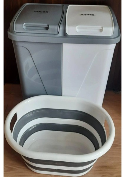 İki Bölmeli 90 Lt Çamaşır Sepeti Seti, Katlanabilir, Beyaz ve Gri Renkli fırsatları