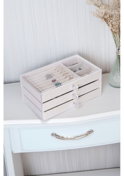 Tekno Trust Modern 3 Çekmeceli Takı Bijuteri Mücevher Kutusu Organizer Düzenleyici Beyaz 13 x 23 x 10 cm