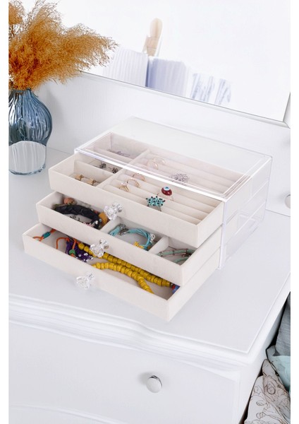 Tekno Trust Modern 3 Çekmeceli Takı Bijuteri Mücevher Kutusu Organizer Düzenleyici Beyaz 13 x 23 x 10 cm fiyatları