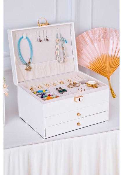 Modern 2 Çekmeceli Beyaz Takı Organizer, Düzenleyici, 13x23x10 cm, 2 Parça