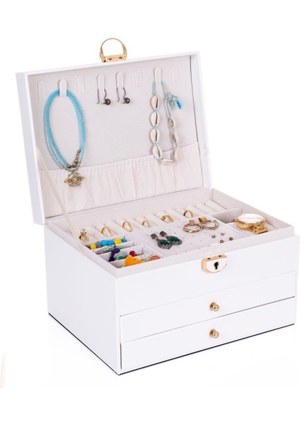 Modern 2 Çekmeceli Beyaz Takı Organizer, Düzenleyici, 13x23x10 cm, 2 Parça fırsatları