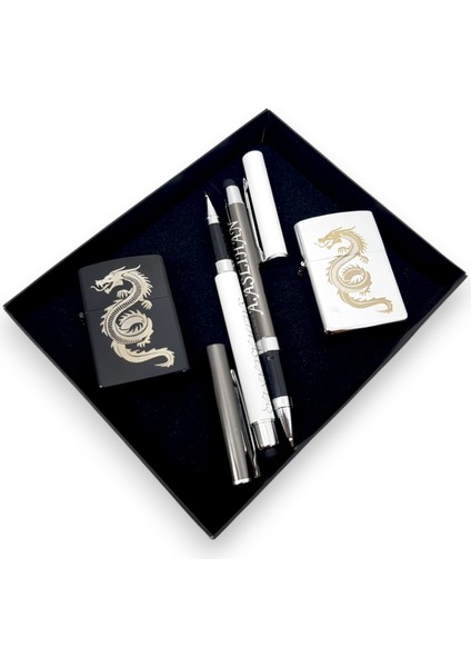 2 Isme Özel Touchpad Özellikli Tükenmez Kalem 2 Benzinli Çakmak 4 Parça Hediye Seti