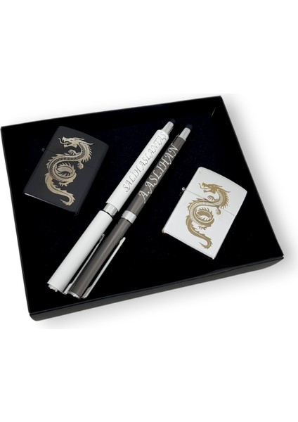 2 Isme Özel Touchpad Özellikli Tükenmez Kalem 2 Benzinli Çakmak 4 Parça Hediye Seti fiyatları