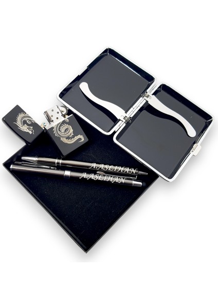 2 Touchpad Tükenmez Kalem Tabaka & Ejderha Desenli Benzinli Çakmak 3 Parça Erkek Hediye Seti