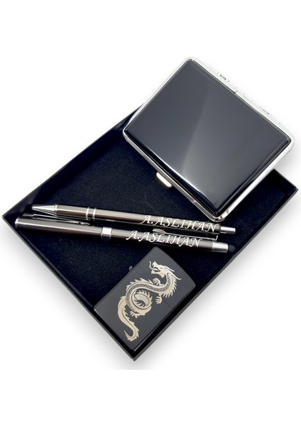 2 Touchpad Tükenmez Kalem Tabaka & Ejderha Desenli Benzinli Çakmak 3 Parça Erkek Hediye Seti modelleri