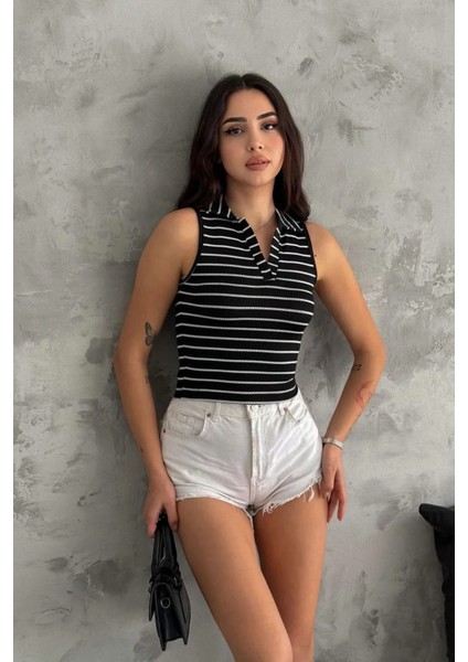 Çizgili Polo Yaka Sıfır Kol Crop