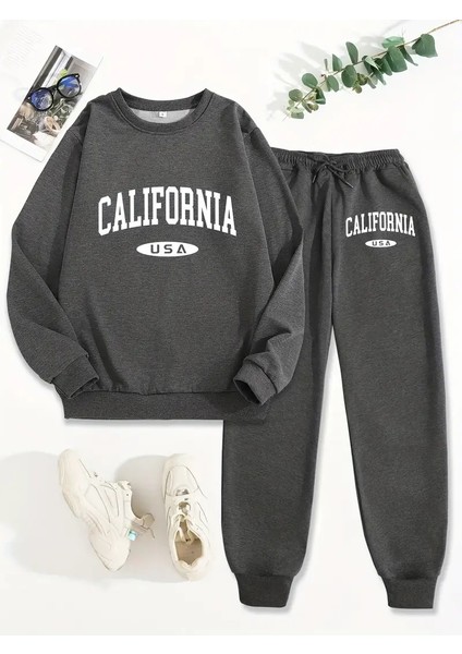 Kadın Koyu Gri Calıfornıa Yazı Baskı Alt Üst Eşofman Takımı Oversize Bisiklet Yaka