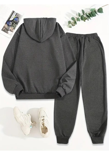 Kadın Koyu Gri Calıfornıa Yazı Baskı Alt Üst Eşofman Takımı Oversize Bisiklet Yaka fiyatları