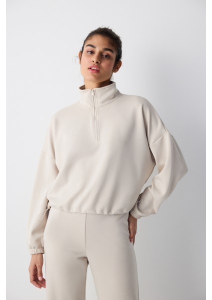 Taş Rengi Yarım Fermuarlı Silky Touch Crop Sweatshirt