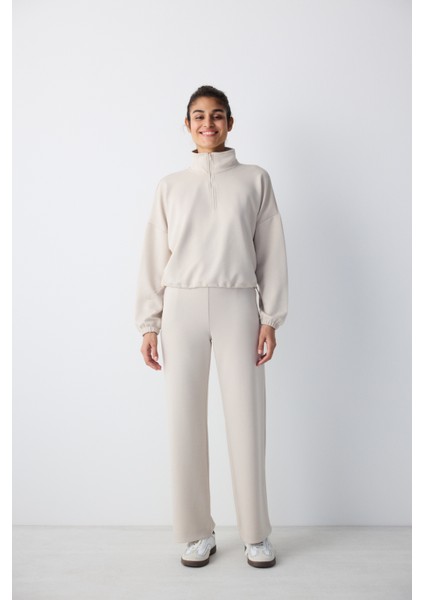 Taş Rengi Yarım Fermuarlı Silky Touch Crop Sweatshirt fiyatları