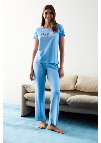 Pamuklu Ghosting Mavi Pantolon Pijama Takımı
