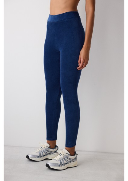 Lacivert Yüksek Bel Ribanalı Kadife Tayt