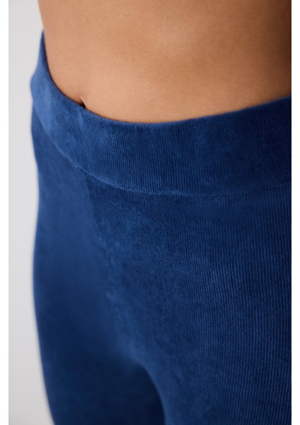 Lacivert Yüksek Bel Ribanalı Kadife Tayt modelleri