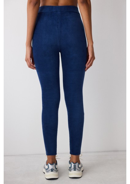 Lacivert Yüksek Bel Ribanalı Kadife Tayt fırsatları