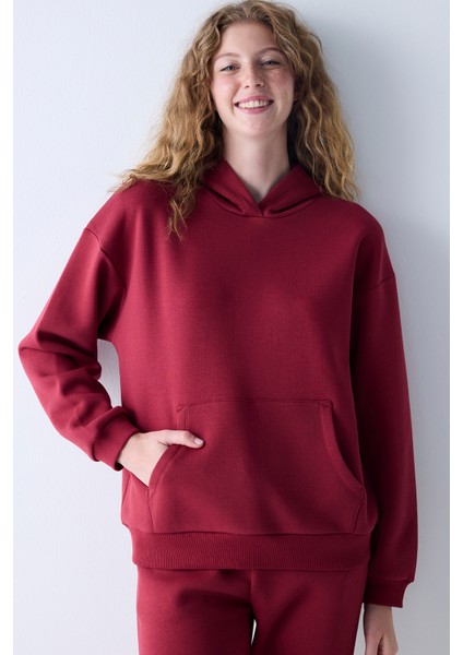 Bordo Kapüşonlu Oversize Şardonlu Sweatshirt