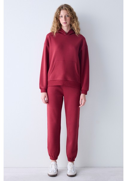 Bordo Kapüşonlu Oversize Şardonlu Sweatshirt