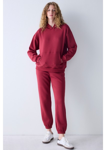 Bordo Kapüşonlu Oversize Şardonlu Sweatshirt