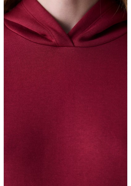 Bordo Kapüşonlu Oversize Şardonlu Sweatshirt