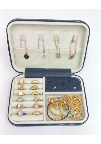 Lacivert Ahşap Takı Saklama Kutusu, Seyahat İçin Büyük Boy, Şık ve Kullanışlı