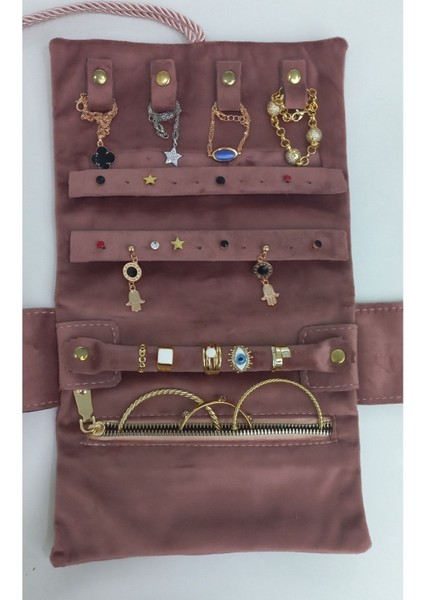 Katlanabilir Takı Çantası, Seyahat İçin, Kadife, Gül Kurusu, Pembe, Rulo Düzenleyici modelleri