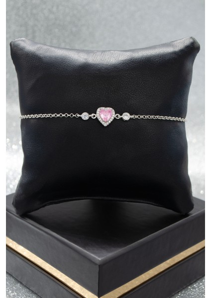 Pembe Kalp Tasarımlı 925 Ayar Gümüş Kadın Ayarlanabilir Bileklik