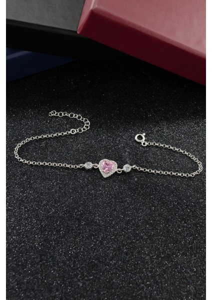 Pembe Kalp Tasarımlı 925 Ayar Gümüş Kadın Ayarlanabilir Bileklik modelleri