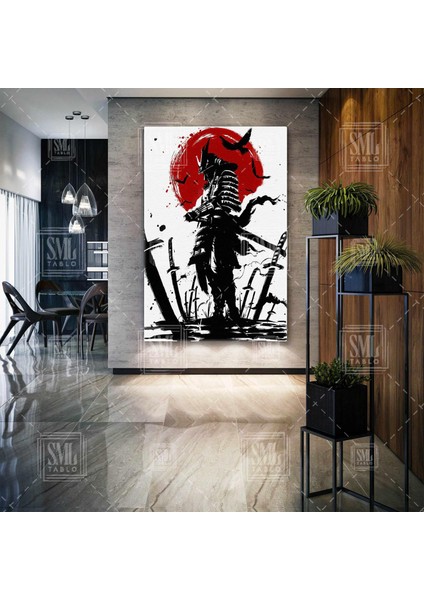 Kırmızı Ay ve Kılıç Samuray Kılıcı Japanese Samurai Uzak Doğu Savunma Sanatları Dikey Kanvas Tablo