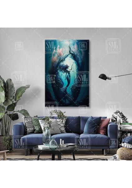 Su Altındaki Güzel Deniz Kızı Deniz Atlı Mermaid Dikey Kanvas Tablo