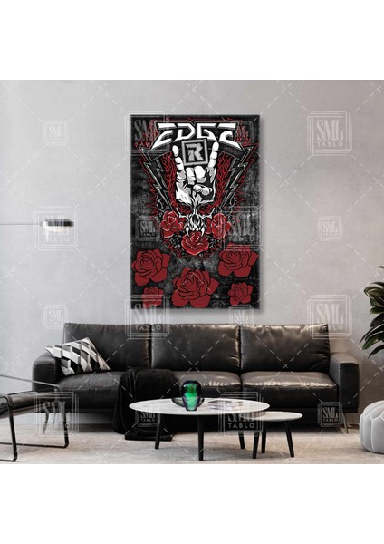 Edge Black Metal Grubu Rock Müzik Kuru Kafa ve Kırmızı Güller Dikey Kanvas Tablo