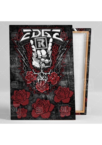 Edge Black Metal Grubu Rock Müzik Kuru Kafa ve Kırmızı Güller Dikey Kanvas Tablo