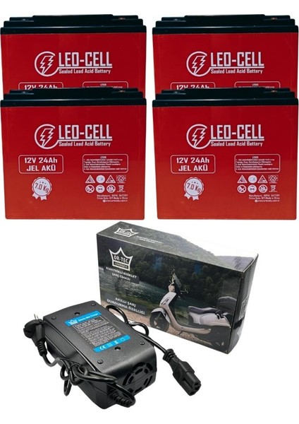 Leo-Cell 12V 24 Ah Japon Teknolojisi 7 Kg Elektrikli Motorsiklet Aküsü Ve Ortec 48V 24Ah Şarj Cihazı Seti