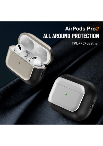 Airpods Pro 2 için Tpu Litchi Doku Düşme Önleme Kordonlu Titanyum Kulaklık Kılıfı (Yurt Dışından)