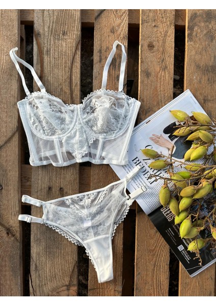 Dantel Detaylı Balenli Bralet Takım Ekru