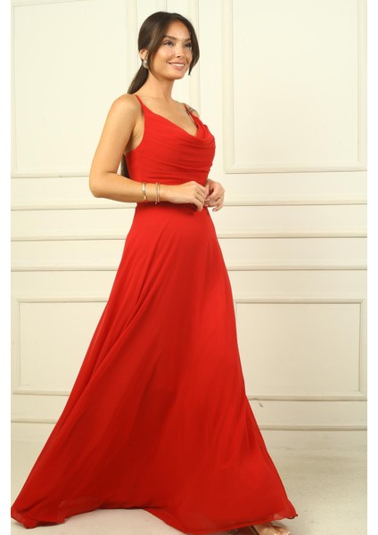 Kadın Ip Askılı Drapeli Astarlı Şifon Uzun Elbise