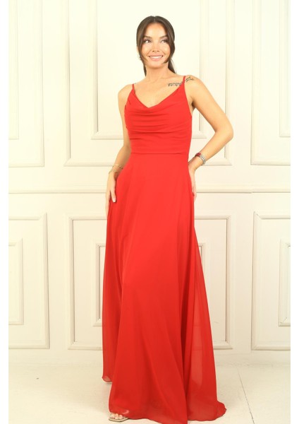 Kadın Ip Askılı Drapeli Astarlı Şifon Uzun Elbise fiyatları