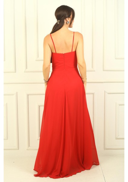 Kadın Ip Askılı Drapeli Astarlı Şifon Uzun Elbise fırsatları