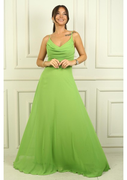 Kadın Ip Askılı Drapeli Astarlı Şifon Uzun Elbise