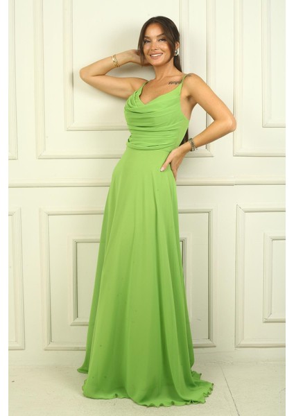 Kadın Ip Askılı Drapeli Astarlı Şifon Uzun Elbise fiyatları