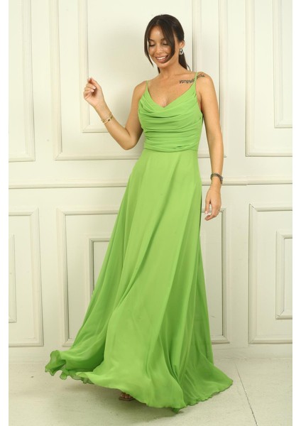 Kadın Ip Askılı Drapeli Astarlı Şifon Uzun Elbise modelleri