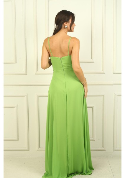 Kadın Ip Askılı Drapeli Astarlı Şifon Uzun Elbise fırsatları