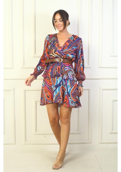 Kadın Kruvaze Yaka Beli Kemerli Astarlı Kat Kat Şal Desenli Saten Elbise modelleri