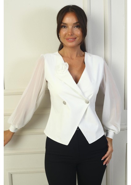 Yakası Güllü Uzun Şifon Kollu Bluz fiyatları