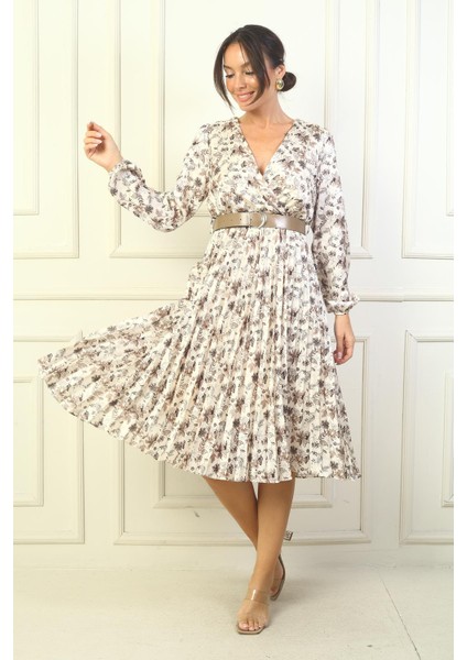 Kadın Kruvaze Yaka Beli Kemerli Astarlı Eteği Piliseli Çiçekli Saten Elbise