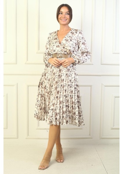 Kadın Kruvaze Yaka Beli Kemerli Astarlı Eteği Piliseli Çiçekli Saten Elbise fiyatları