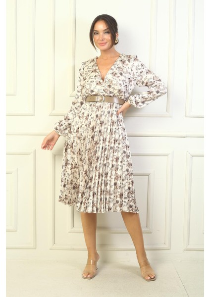 Kadın Kruvaze Yaka Beli Kemerli Astarlı Eteği Piliseli Çiçekli Saten Elbise modelleri