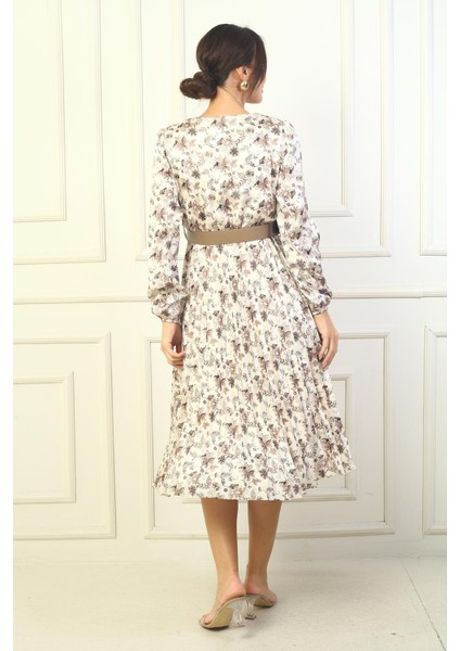 Kadın Kruvaze Yaka Beli Kemerli Astarlı Eteği Piliseli Çiçekli Saten Elbise fırsatları