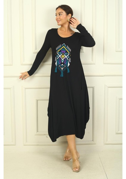 Kadın Önü Nakışlı Cepli Rahat Kalıp Uzun Viskon Elbise fiyatları