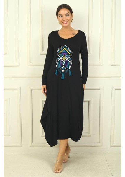 Kadın Önü Nakışlı Cepli Rahat Kalıp Uzun Viskon Elbise modelleri